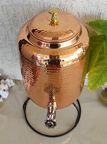 Indian Art Villa Copper Water Dispenser Bot com tampa de latão, armazenamento e utensílios de cozinha, S, 608 oz