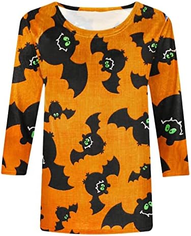 Camisas de Halloween para Mulheres 2022 Bat Print 3/4 Mangas Tops Longo Camiseta leve de Crewneck