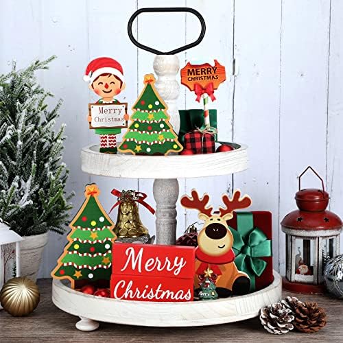 7 PCs Decoração de bandeja em camadas de Natal, fazenda Decorações de Natal rústico de Natal Bandeja de madeira Tree Rena