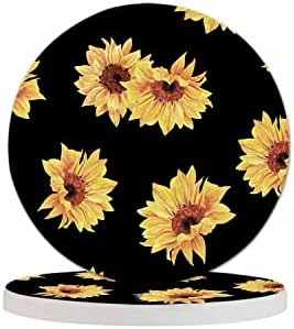 Pznen Sunflowers Copo Coasters Conjunto de 2 flores de milho de camomila em preto lindas decoração de apartamento de mesa floral de