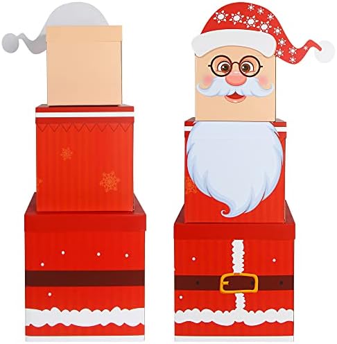 Steford 3 peças empilhando caixas decorativas de presente de Natal com tampas, grandes caixas de presente empilhável Papai Noel