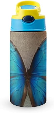 Garrafa de água com palha azul -borboleta isolada aço inoxidável A vácuo de 500 ml para a escola
