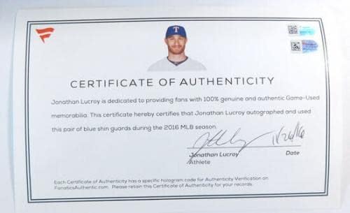 Jonathan Lucroy Texas Rangers Usado com jogo assinado Blue Shin Guards - MLB Autografed Game Usado Bats