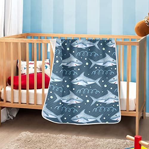 Clanta de arremesso de tubarões -marinhos cobertores de algodão para bebês, recebendo cobertor, cobertor leve e macio para berço, carrinho, cobertores de berçário, 30x40 em azul
