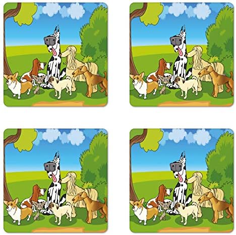 Conjunto de montanha -russa de Ambesonne Dog de 4, ilustração de desenhos animados de raça pura engraçada em Forest em um dia ensolarado feliz, montanhas -russas quadradas quadradas para bebidas, multicolor