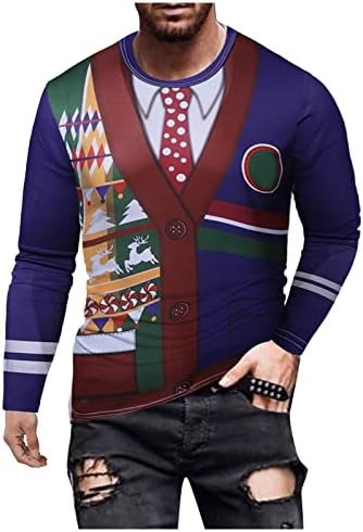 Novas camisas de Natal para homens Padrão clássico de impressão de pescoço redondo de manga longa blusa de pulôver