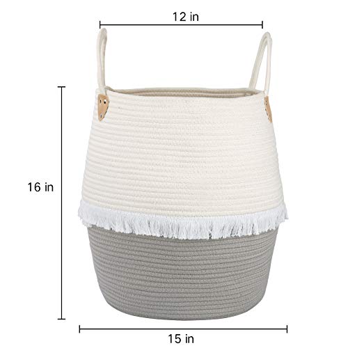 La Jolie Muse grande cesta de corda de algodão com borlas, cesta de lavanderia para ioga armazenamento de cobertor de travesseiro, organizador de cesto macio para berçário para crianças, 16 ”15” 12 ”, cinza e branco