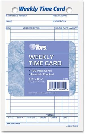 Cartão de tempo dos funcionários, semanalmente, 4-1/4 x 6-3/4, 100/pacote