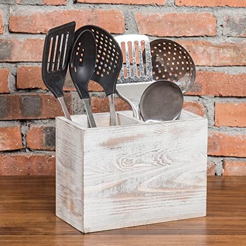 Organizador de utensílio de cozinha de madeira caiada de mygift, talheres de bancada talheres utensils de barra de