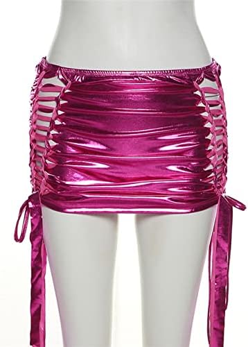 Zaldita feminina brilhante Bodycon Ruched Mini-Skirt Hollow Out Lace-up Micro Short Skirt Dance Clubwear